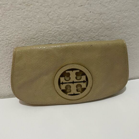 TORY BURCH Solid Tan Leather Clutch Bag Purse - Picture 2 of 14